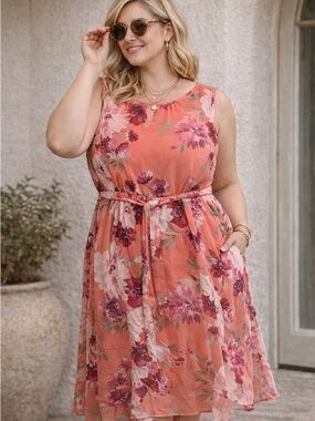 Jessica Howard Coral Floral Sleeveless Midi Dress Cottagecore
